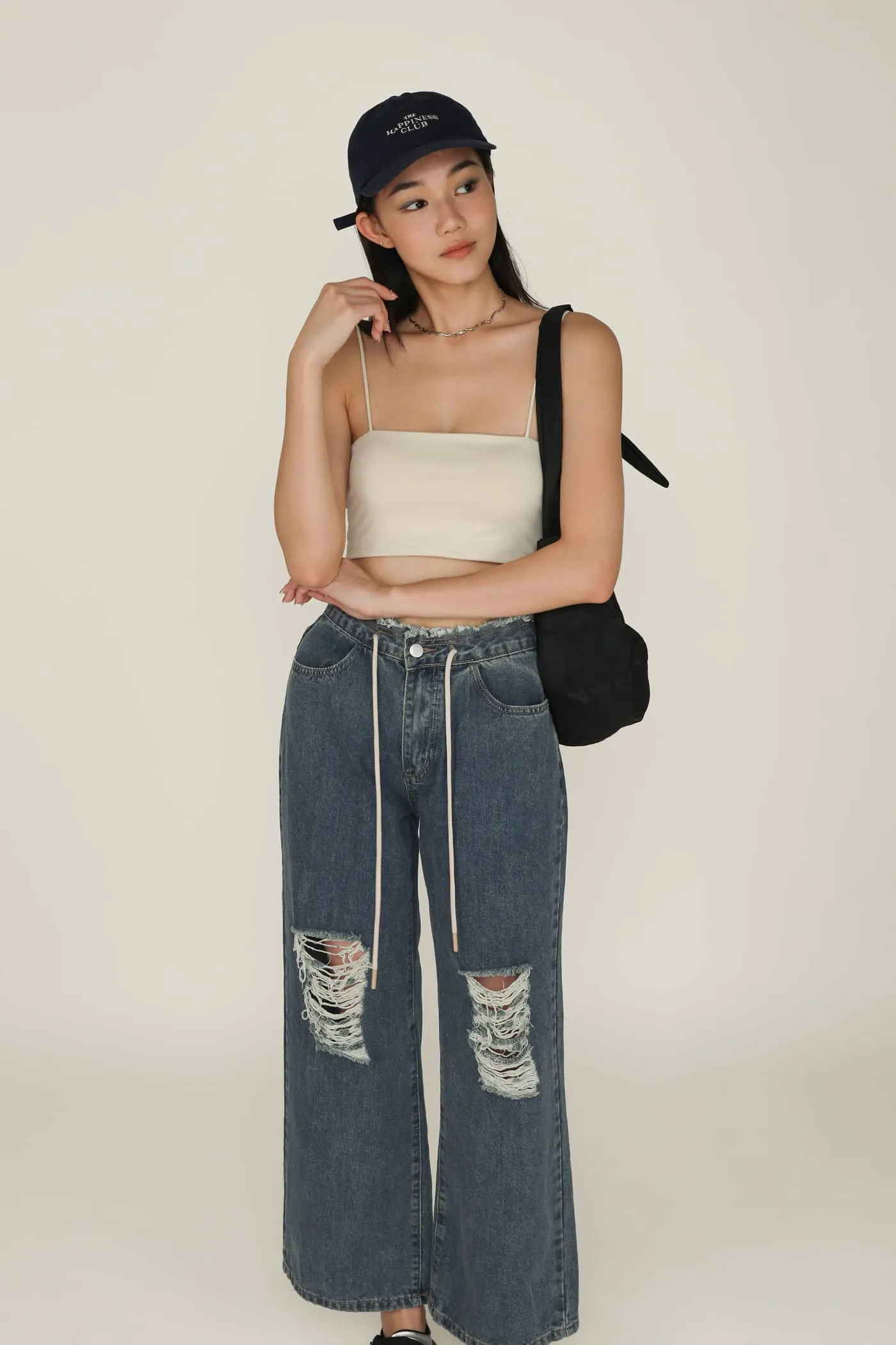 Kasey Drawstring Baggy Denim Jeans Simple Style