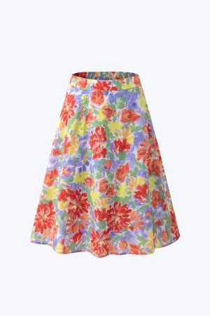 Floral Gathered Skirt - Mixed Florals [AT] Flex Knit Waist Panel Neutral Tone
