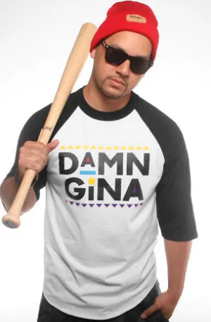 Breathable and Comfortable Damn Gina (Men's White/Black Raglan Tee)