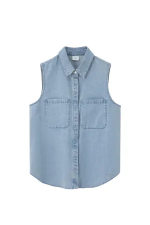 Night Out Neutral Textured Denim Sleeveless Blouse - Light Denim