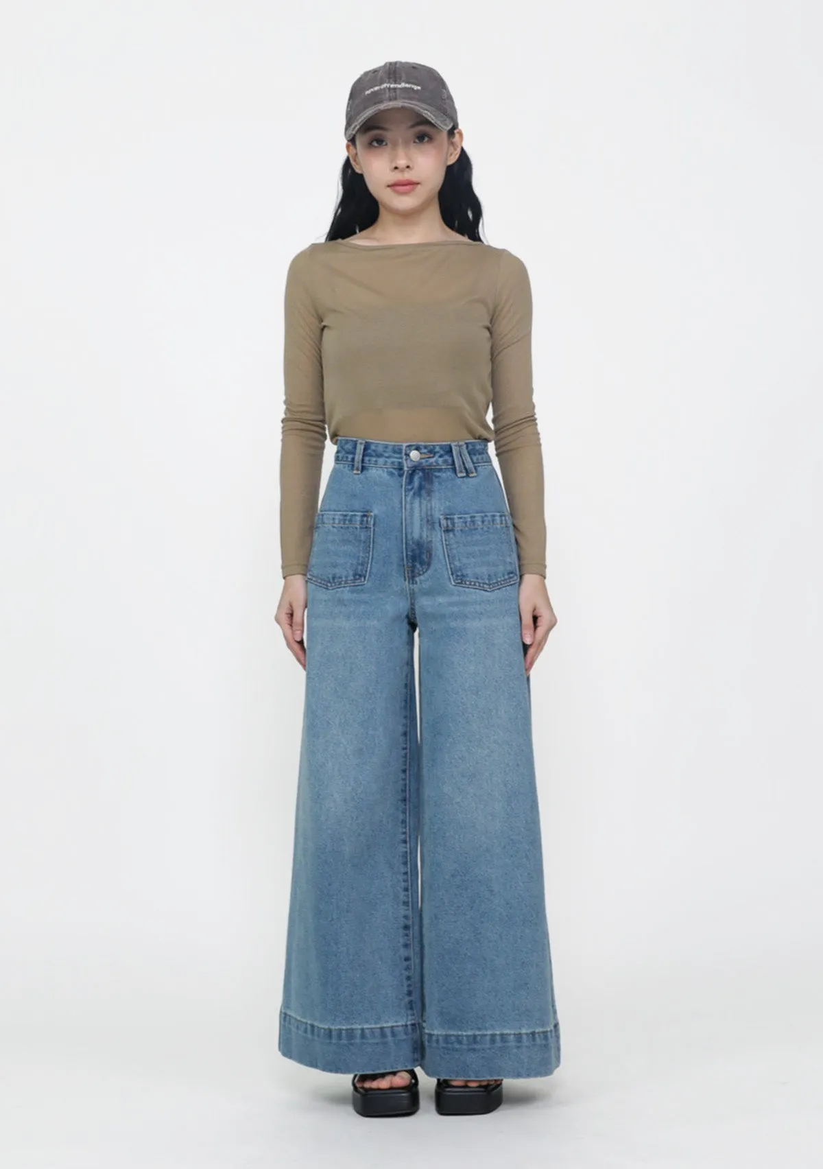Textured Yarn Blends Clark Front Pocket Wide Leg Denim Jeans