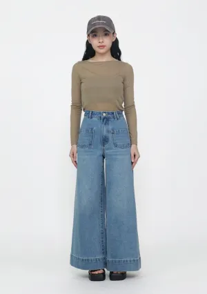 Textured Yarn Blends Clark Front Pocket Wide Leg Denim Jeans