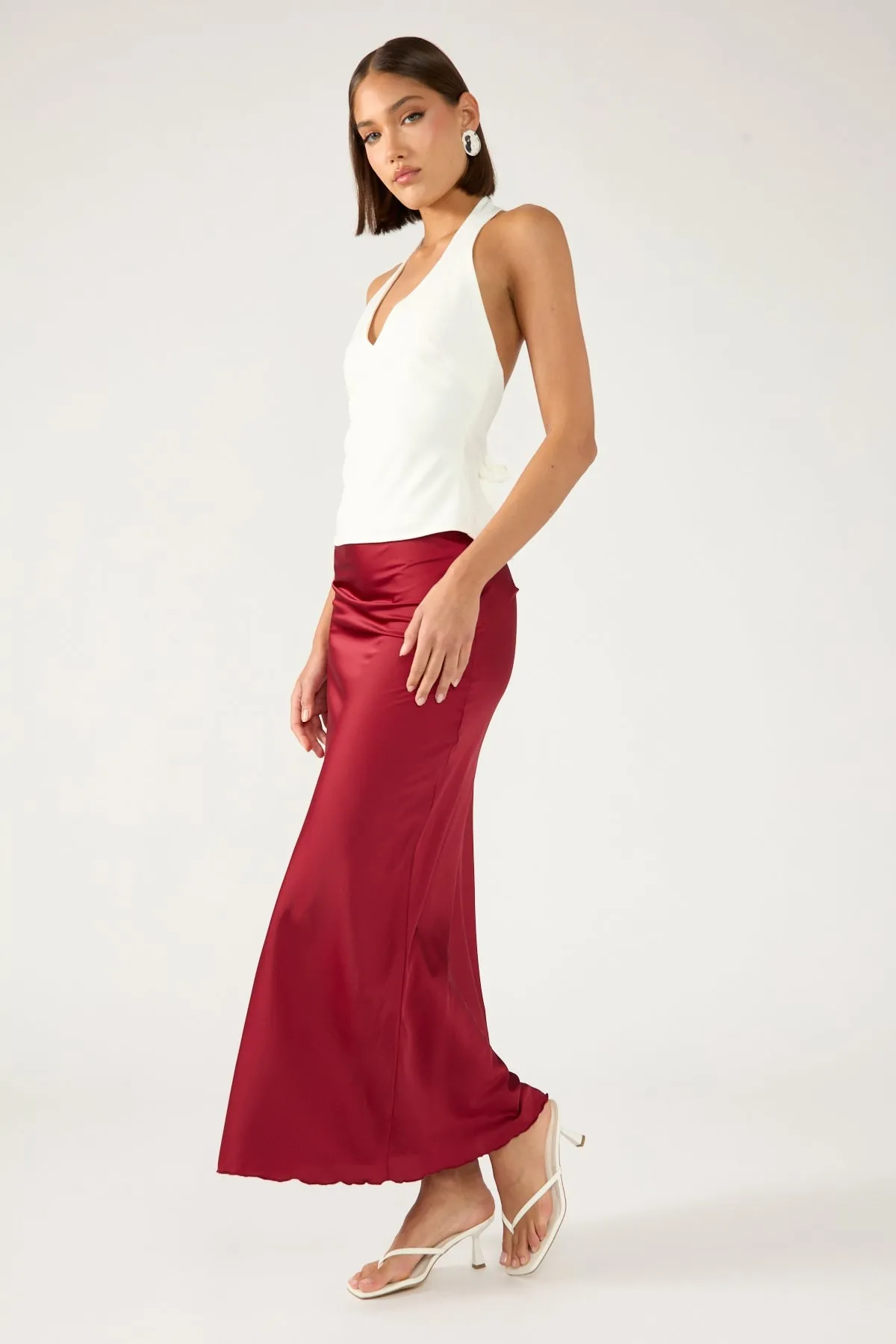 Perfect Stranger Evie Satin Maxi Skirt Burgundy Vibrant Flow