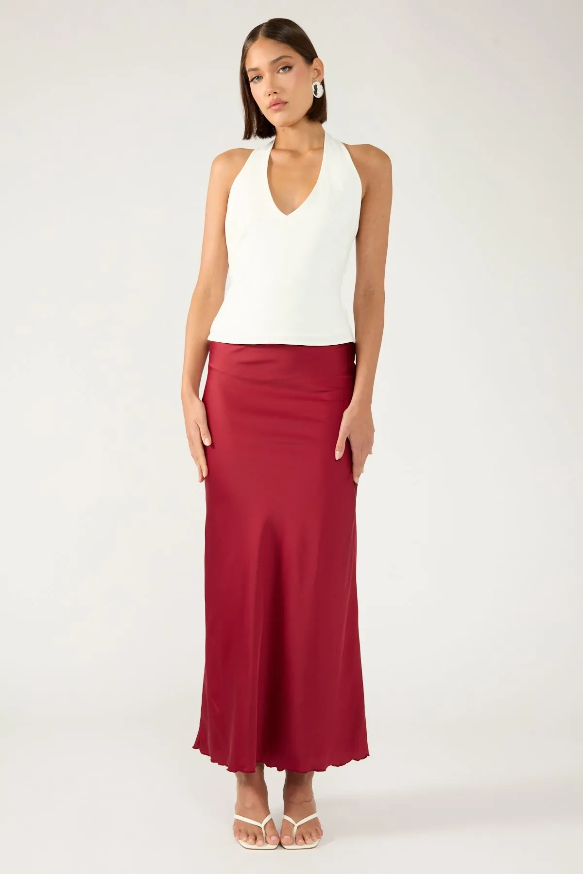 Perfect Stranger Evie Satin Maxi Skirt Burgundy Twist Front