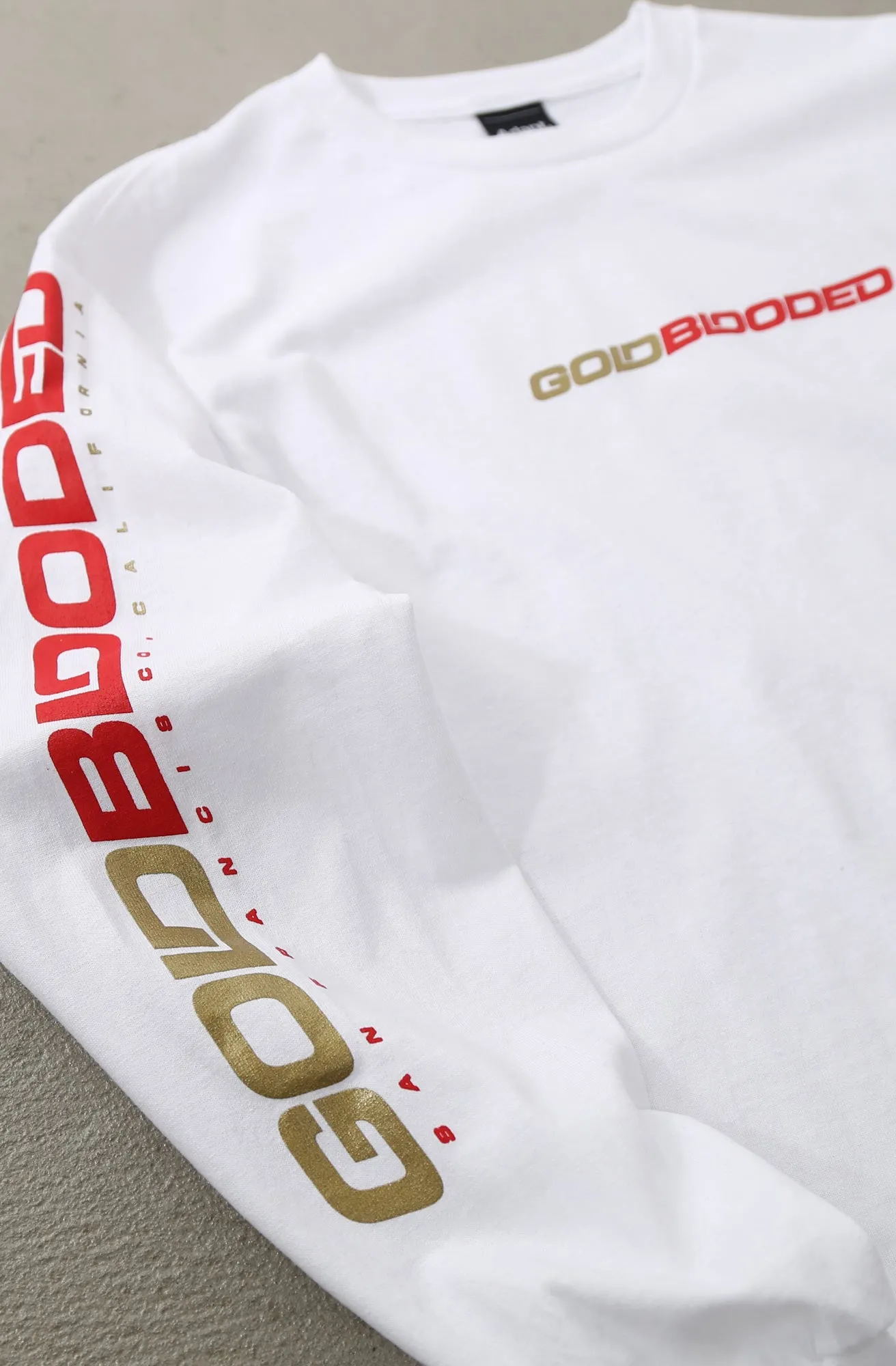 Gold Blooded RPM (Men's White/Red Long Sleeve Tee) Loose Fit ZeroDistressFinish