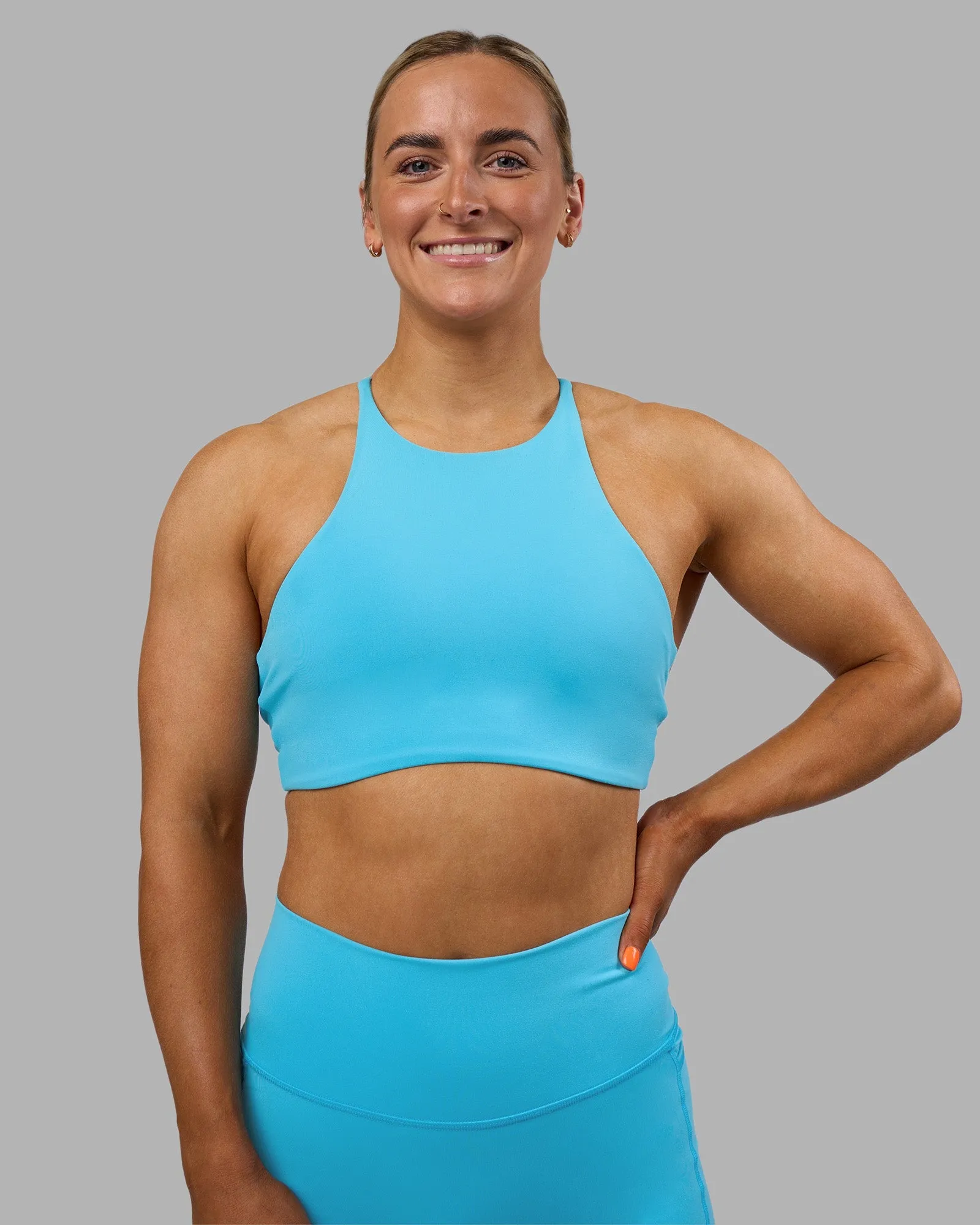 AMRAP High Neck Sports Bra - Blue Atoll Personalized seams Interlock Stitching