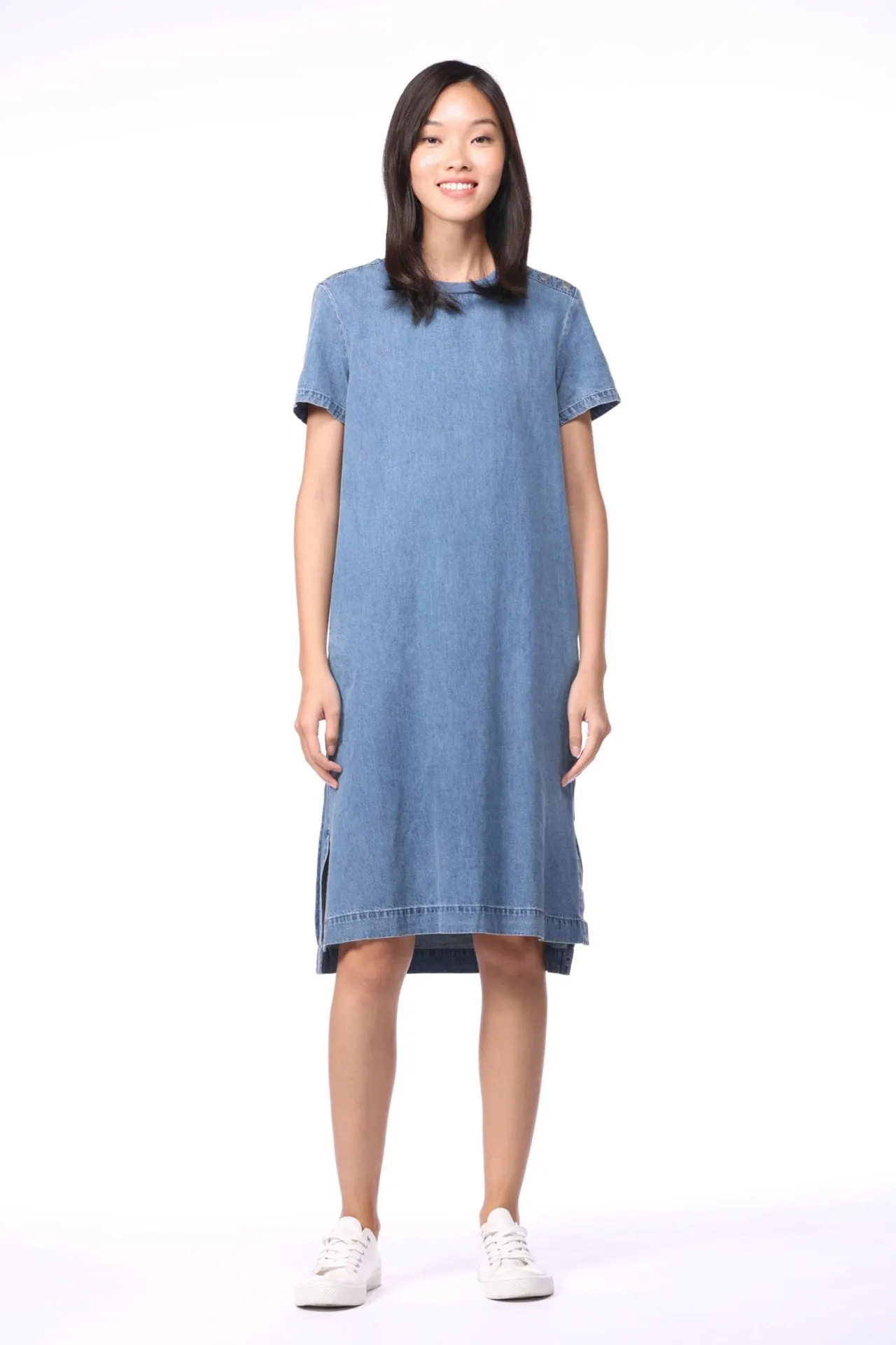 Denim Shoulder Snap Button Dress Sustainable Road Trip