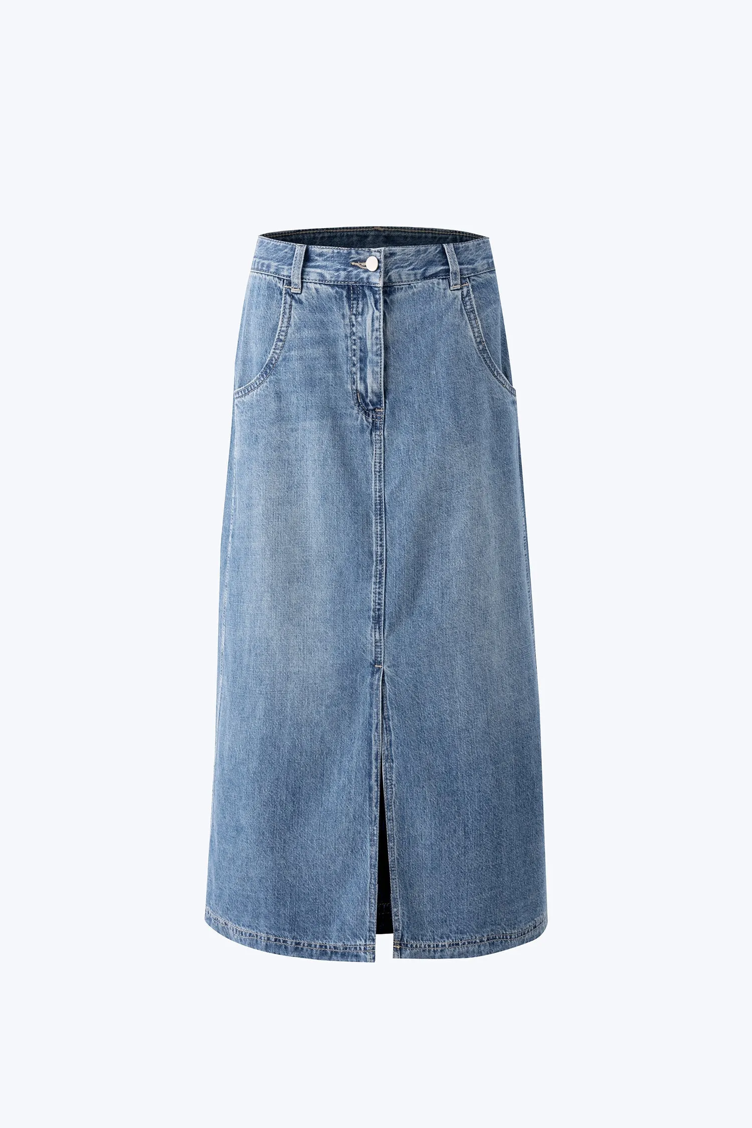 Design Detail Faux Leather Denim A-Line Skirt - Denim