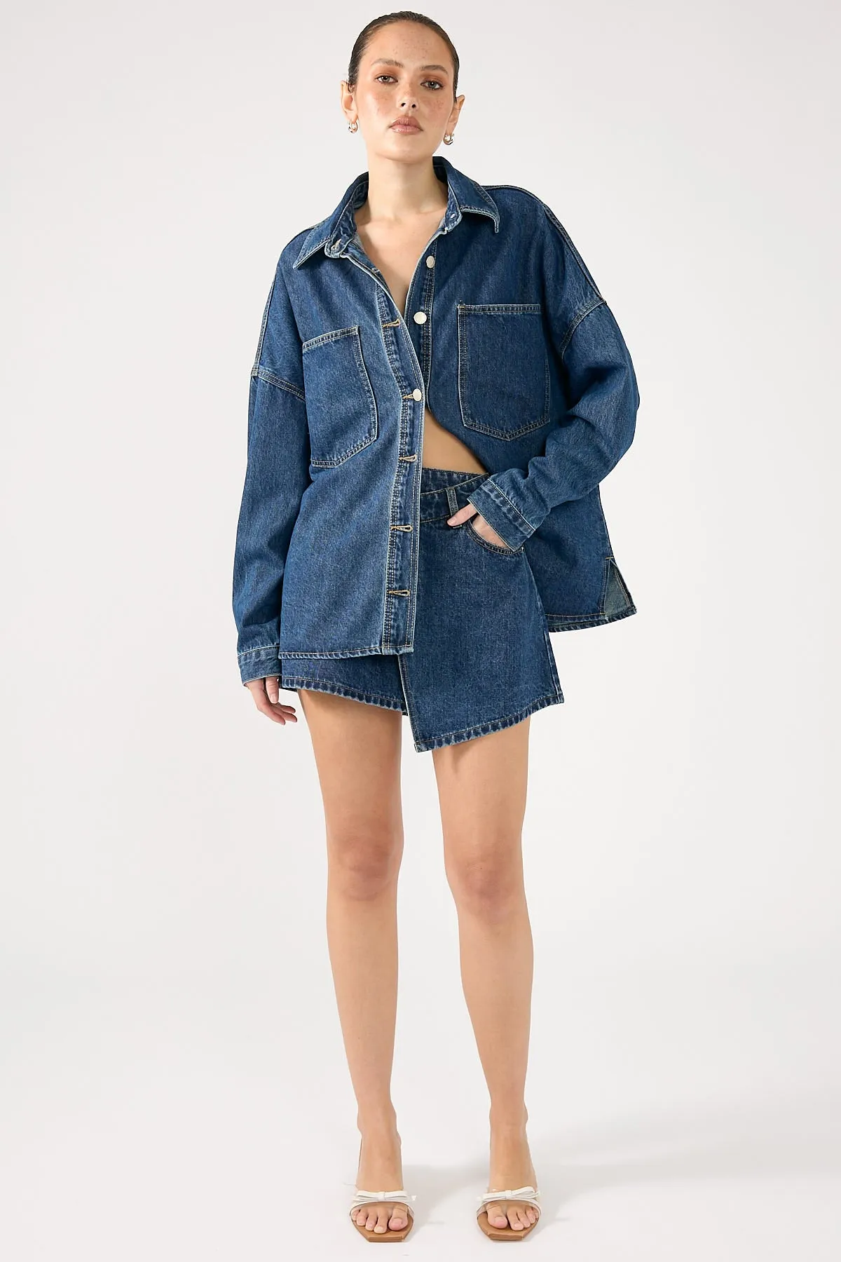 Fitted Cut Water Repellent Perfect Stranger Sonya Wrap Denim Mini Skirt Mid Blue Denim