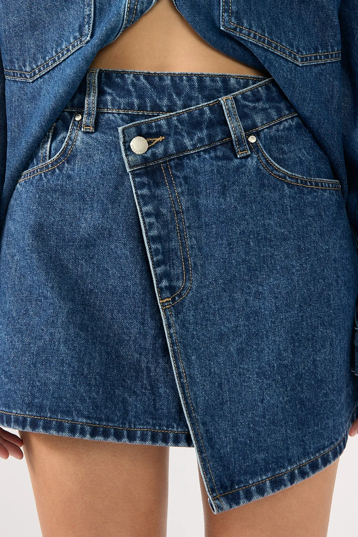 Easy Layers Perfect Stranger Sonya Wrap Denim Mini Skirt Mid Blue Denim