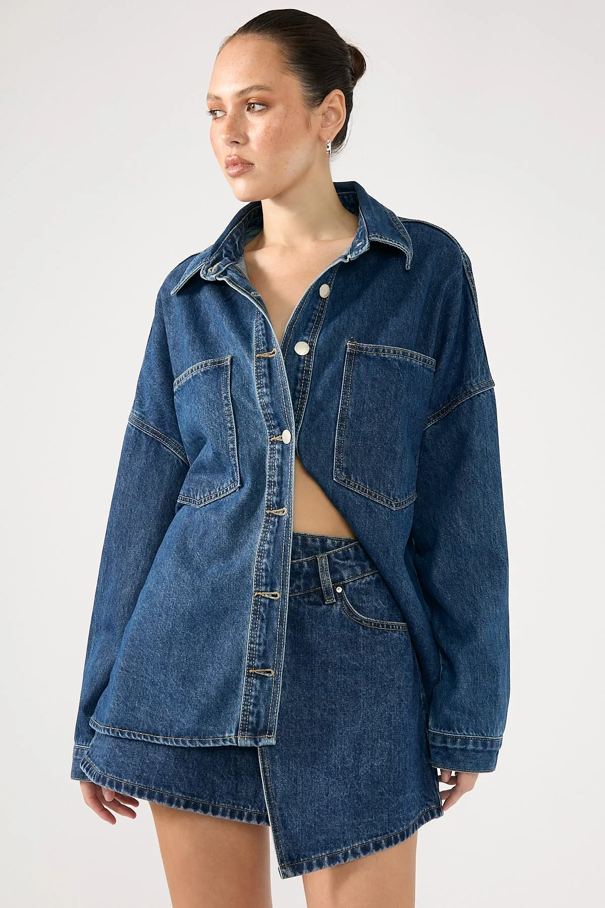 Minimal Vibes Perfect Stranger Sonya Wrap Denim Mini Skirt Mid Blue Denim