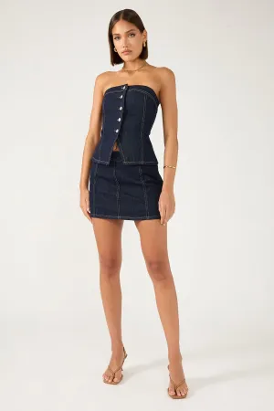 Subtle Detail Elegant Texture Perfect Stranger Mila Denim Mid Rise Skort Dark Blue Denim