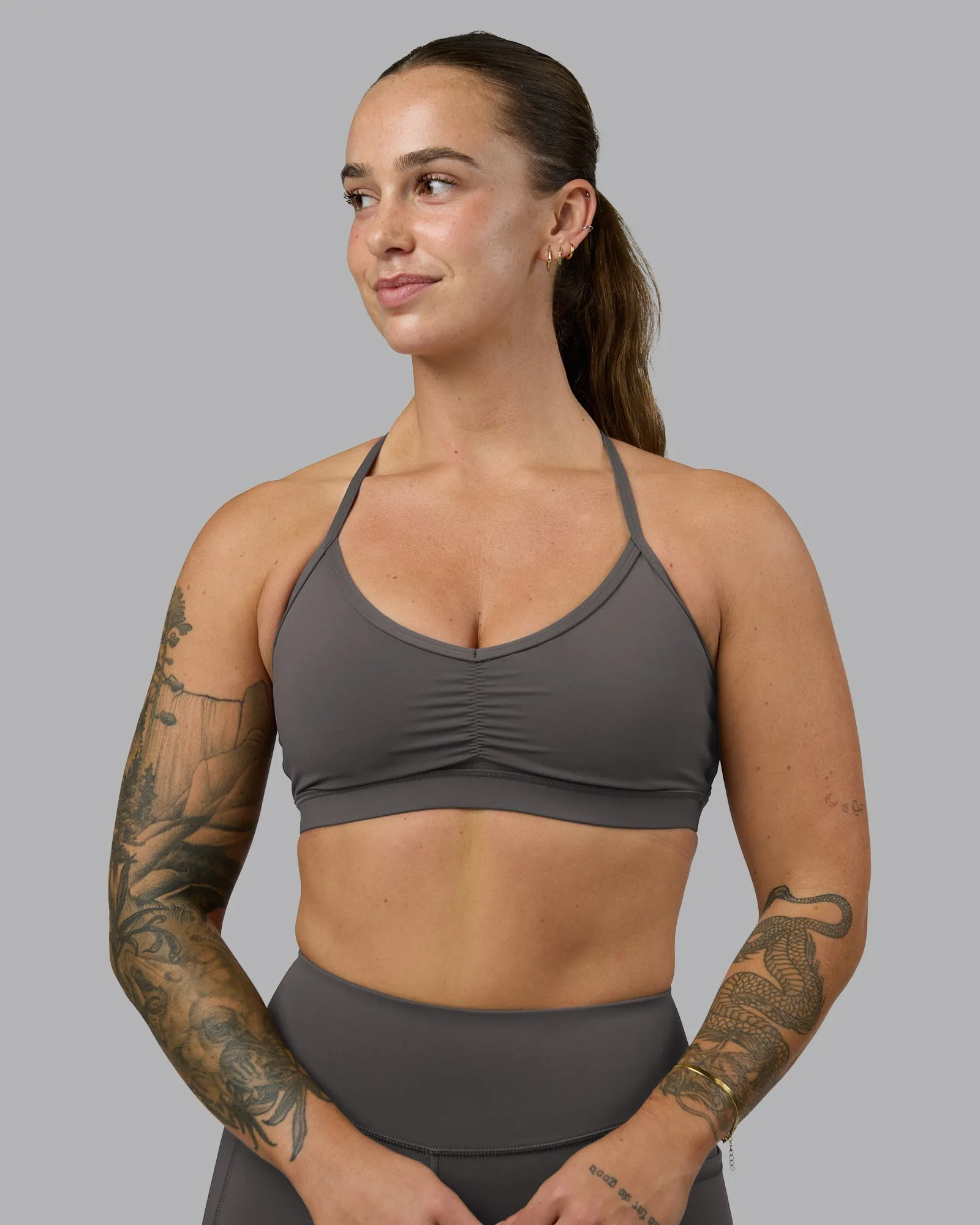 Hook-and-eye closure seams supportive material Clarity Sports Bra - Dark Storm