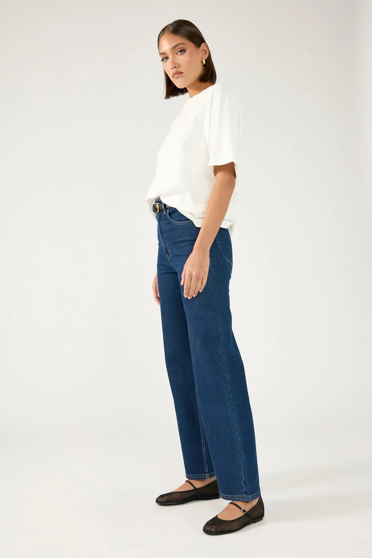 Morning Stroll Stretch Double Stitched Seams Perfect Stranger High Rise Wide Leg Jean Dark Blue Denim