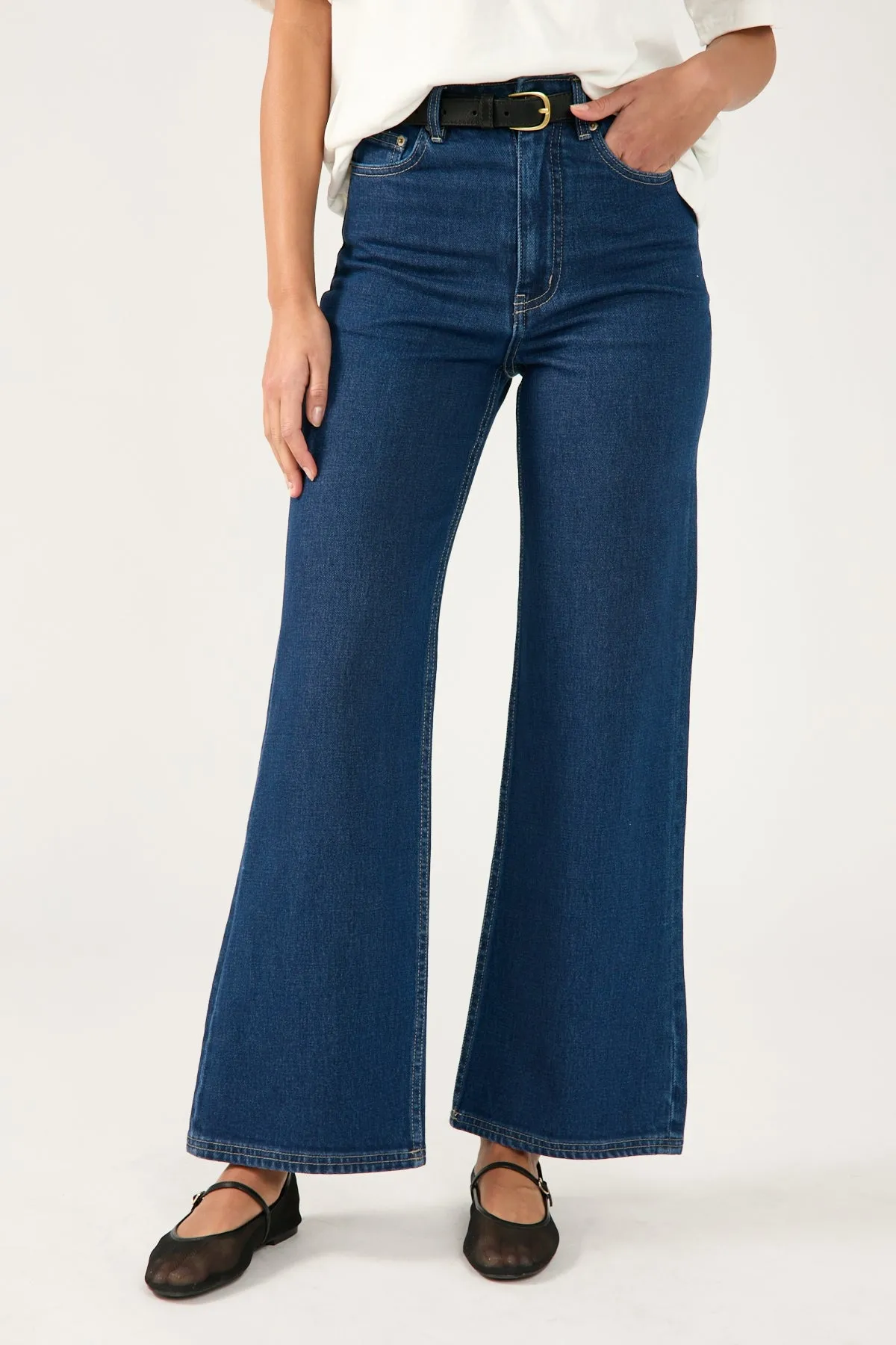 Balanced Fit Moisture Wicking Lining Perfect Stranger High Rise Wide Leg Jean Dark Blue Denim