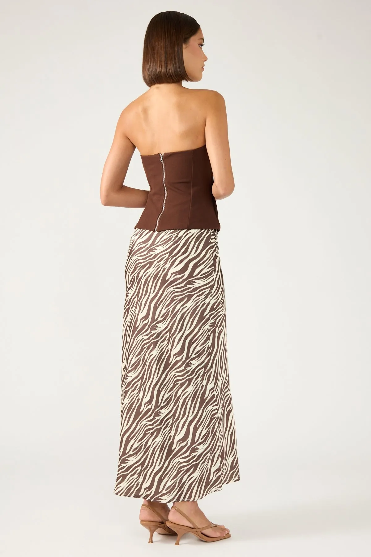 Weekend Favorite Crisp Look Perfect Stranger Ziva Satin Maxi Skirt Brown Print