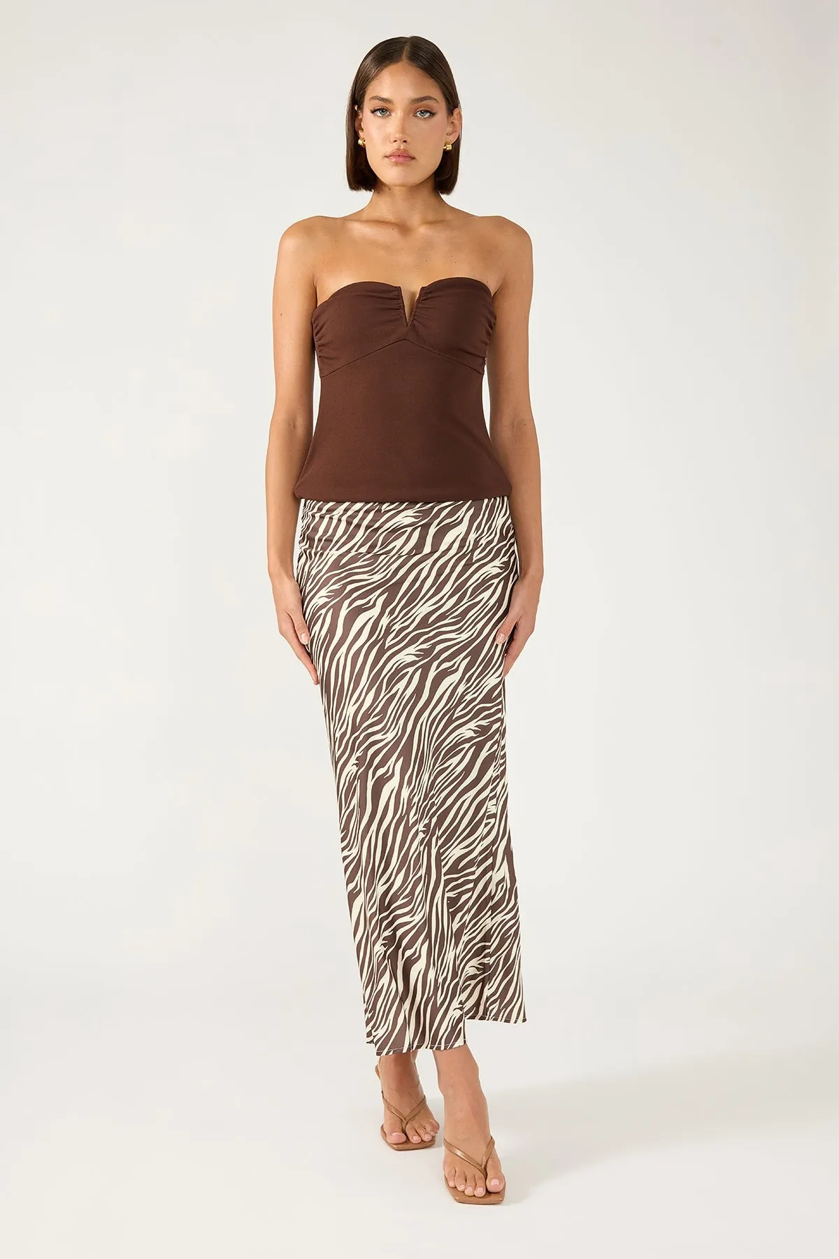 Breezy Mood Fast fashion Perfect Stranger Ziva Satin Maxi Skirt Brown Print