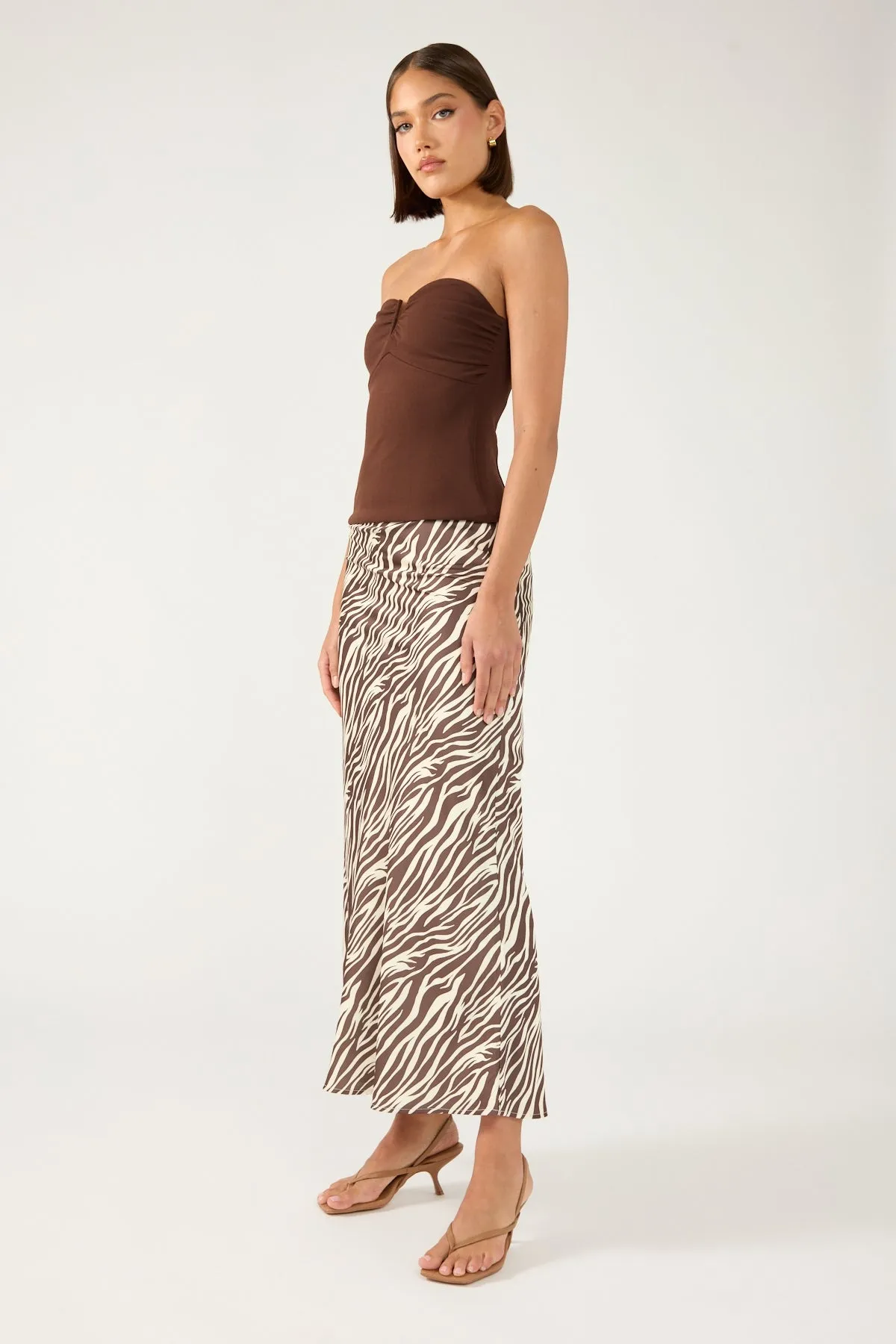 Perfect Stranger Ziva Satin Maxi Skirt Brown Print Street Vibe Gentle Vibe