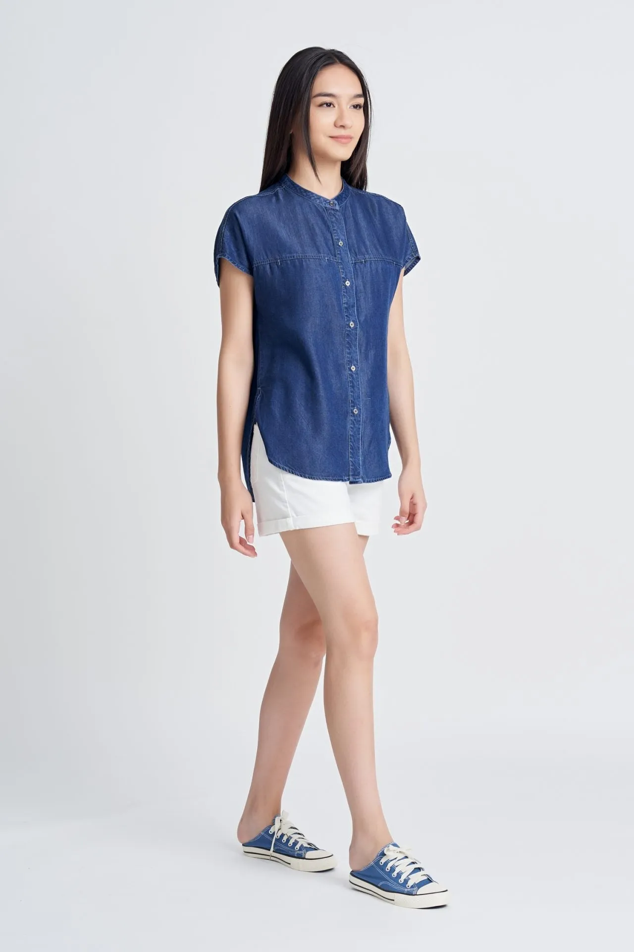 Reinforced Belt Loops Unisex Fashion Denim Cap Sleeve Blouse