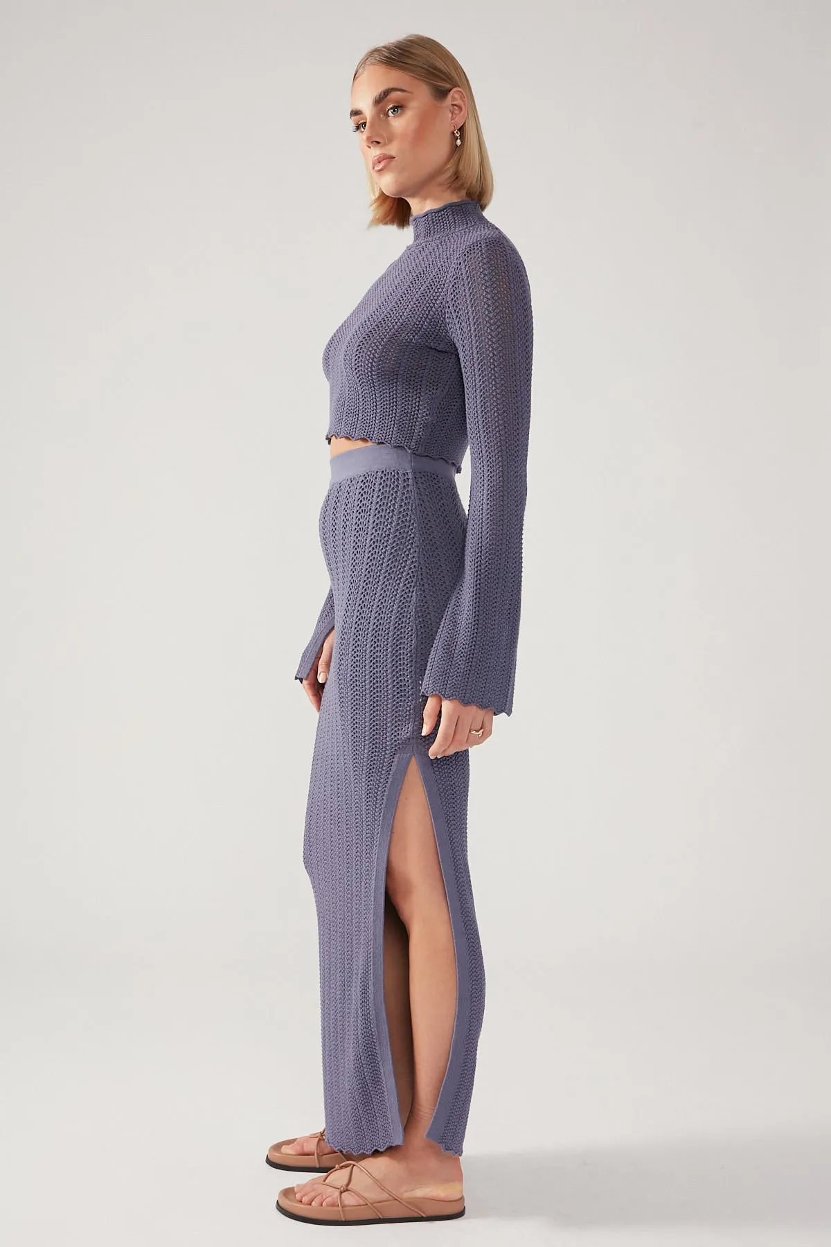 Thermal Regulating Perfect Stranger Crochet Split Maxi Skirt Steel Blue