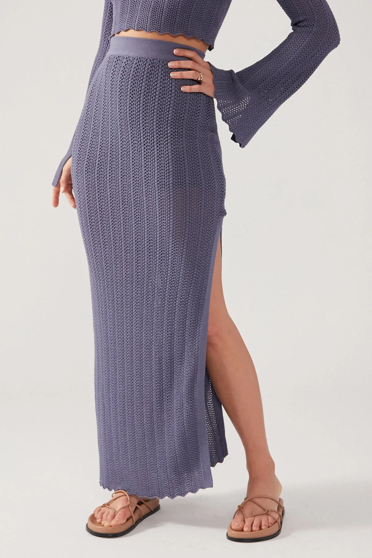Perfect Stranger Crochet Split Maxi Skirt Steel Blue Fold Over Detail Performance Wear