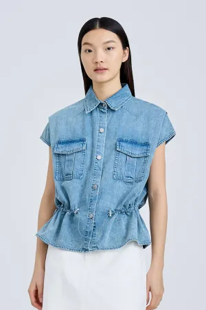 Drawcord Blouse - Denim Mid Rise Vintage Inspired Weave