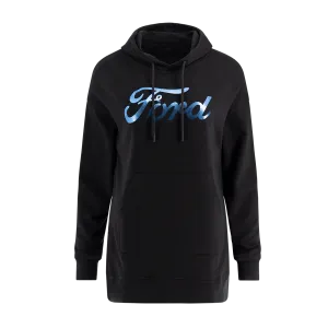 Casual Comfort Comfortable Outfit Ford Womens Blue Foil Script Black Oversized Hoodie