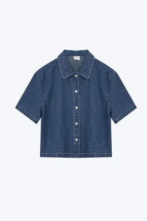 Simple Touch Urban Look Denim Snap Button Blouse - Dark Denim
