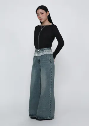 Modern Shopping Day Amari Lace Trim Wide Leg Denim Jeans