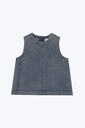 Elegant Urban Explorer Athlete Fit Loose Textured Travel Outfit Denim Sleeveless Top - Denim