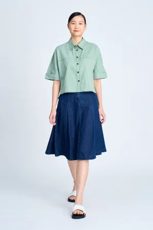 Neutral Tones Denim Buckle Pleated Skirt - Dark Denim