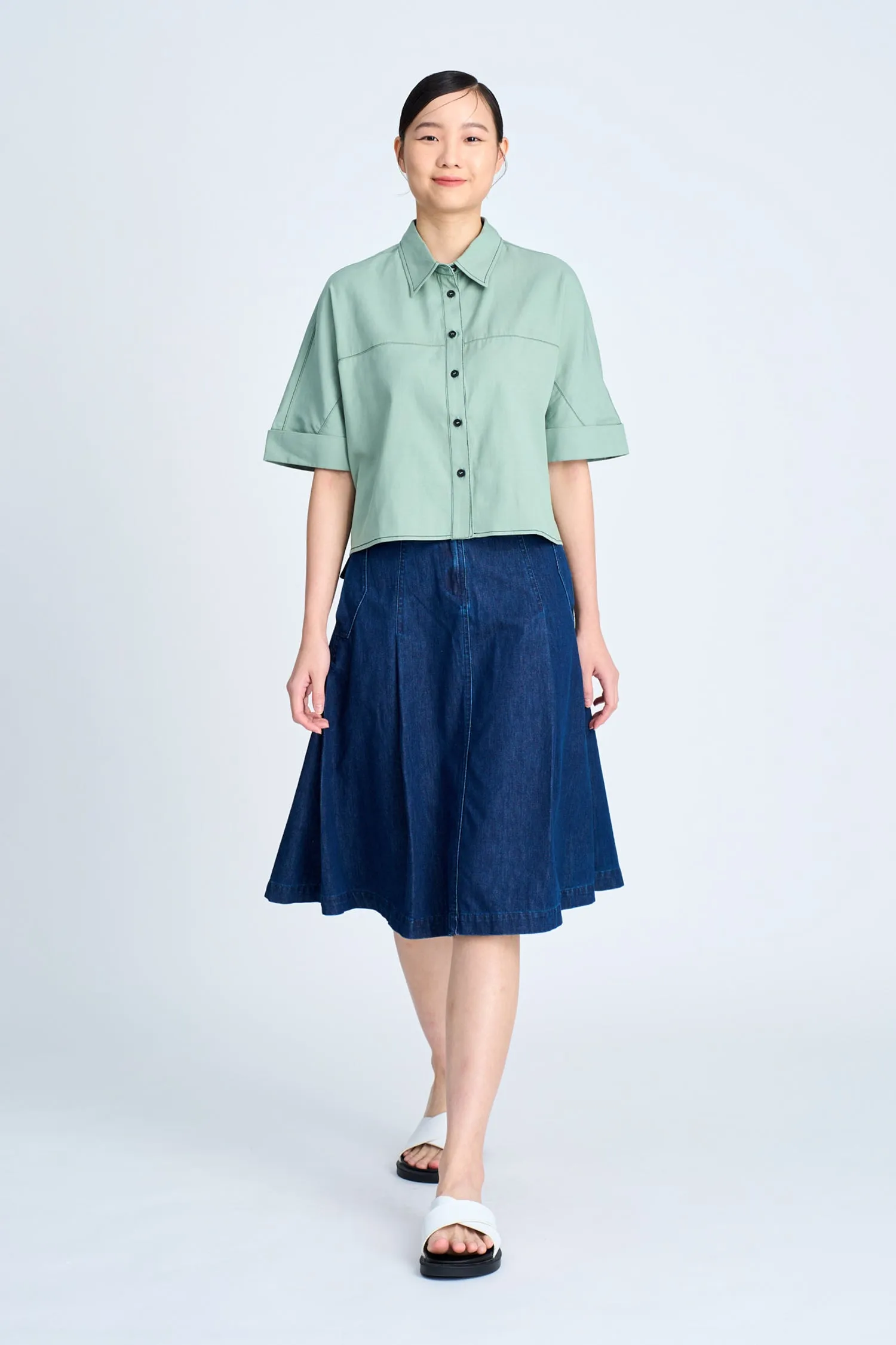 Neutral Tones Denim Buckle Pleated Skirt - Dark Denim