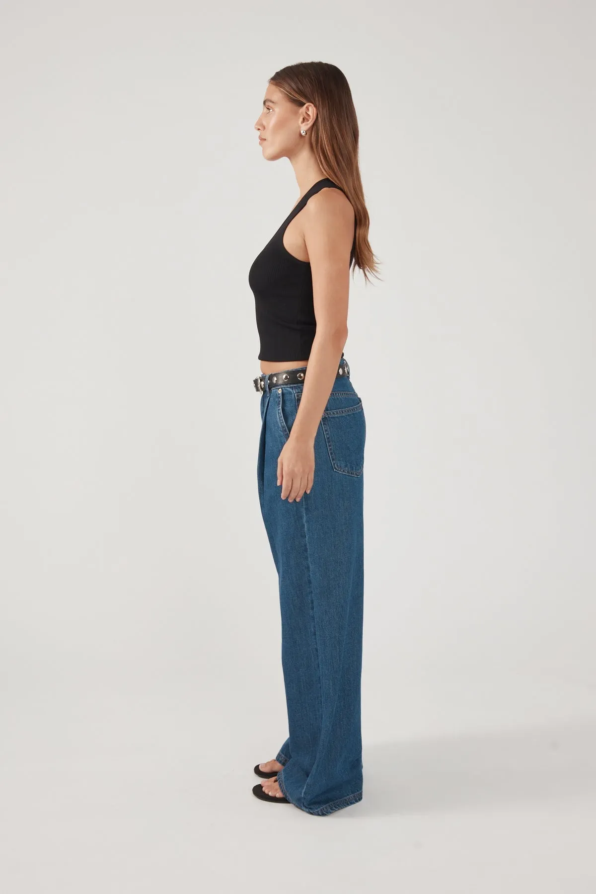 Fashion Lover Durable Minimalist Style Perfect Stranger High Rise Pleated Jean Deep Blue Denim
