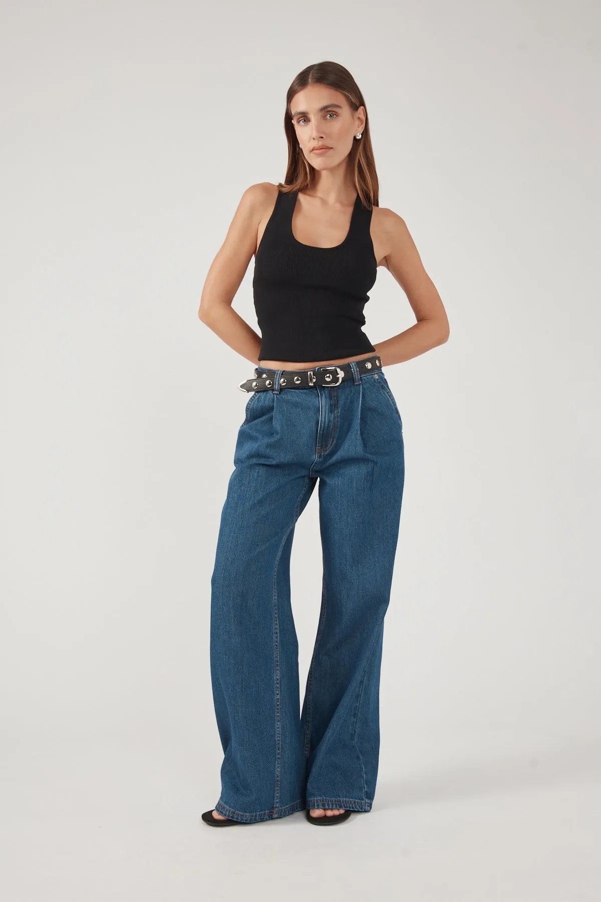 Durable Rivet Hardware Perfect Stranger High Rise Pleated Jean Deep Blue Denim