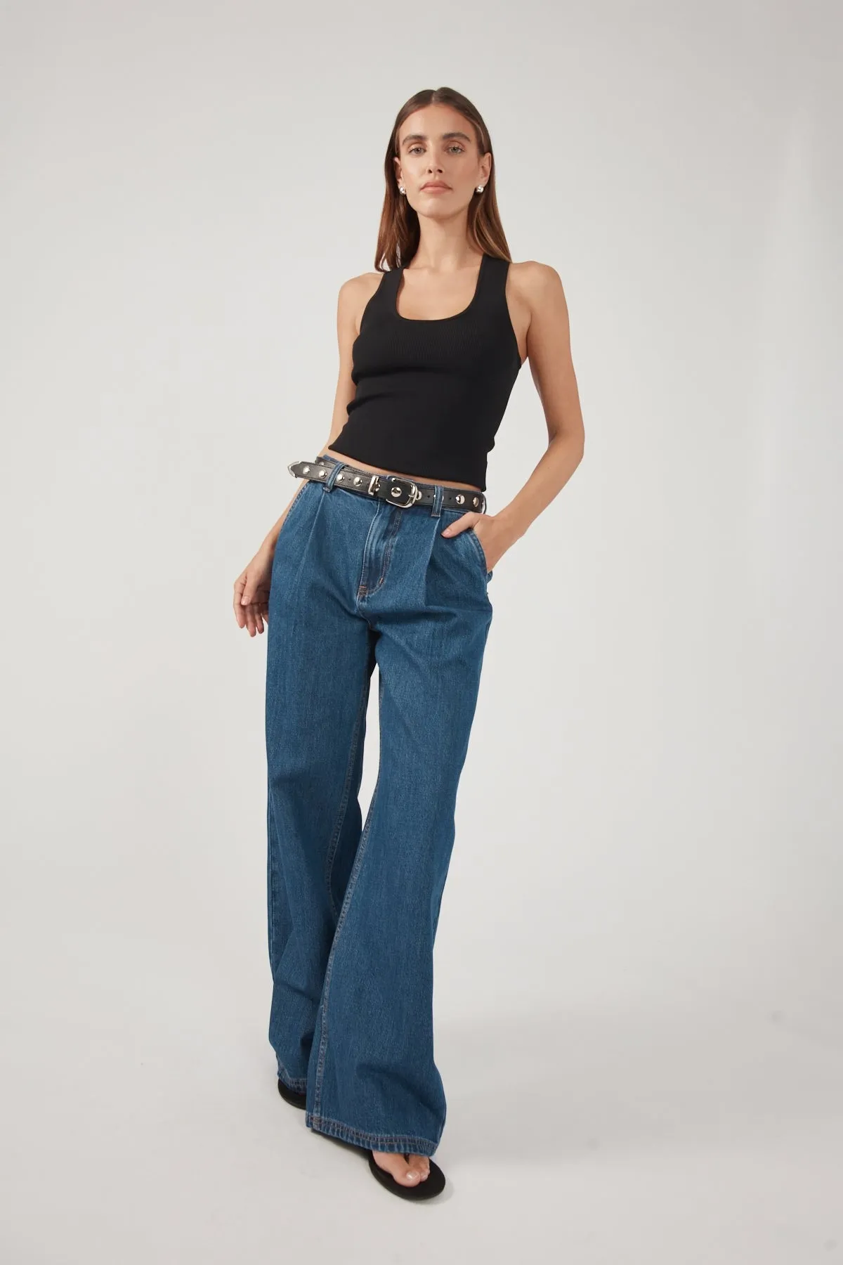 Perfect Stranger High Rise Pleated Jean Deep Blue Denim Travel Outfit Professional Wear