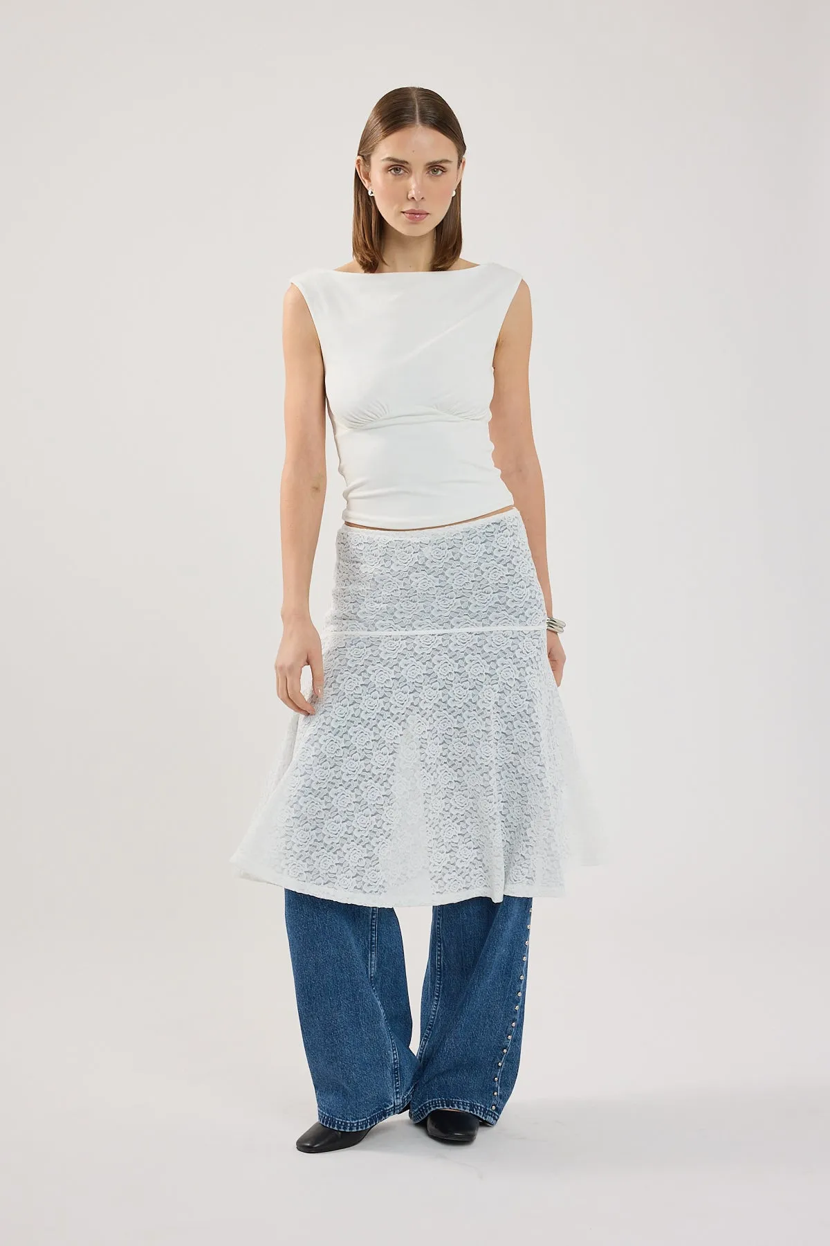 Perfect Stranger Loretta Lace Midi Skirt White Crisscross Back