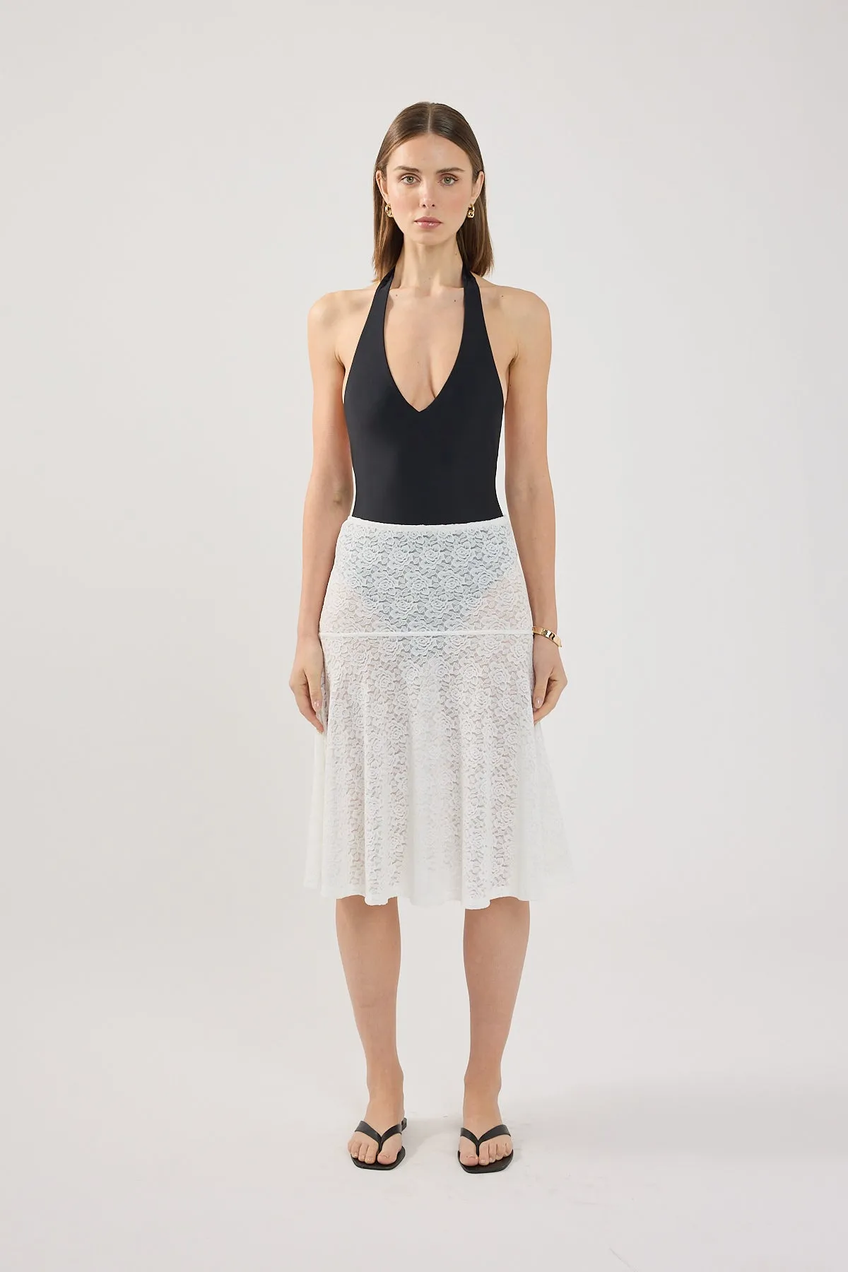 Simple Layer Sleek Flow Perfect Stranger Loretta Lace Midi Skirt White