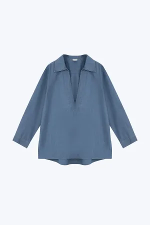 Eco Friendly Lightweight Modern Denim Long Sleeve Blouse - Denim