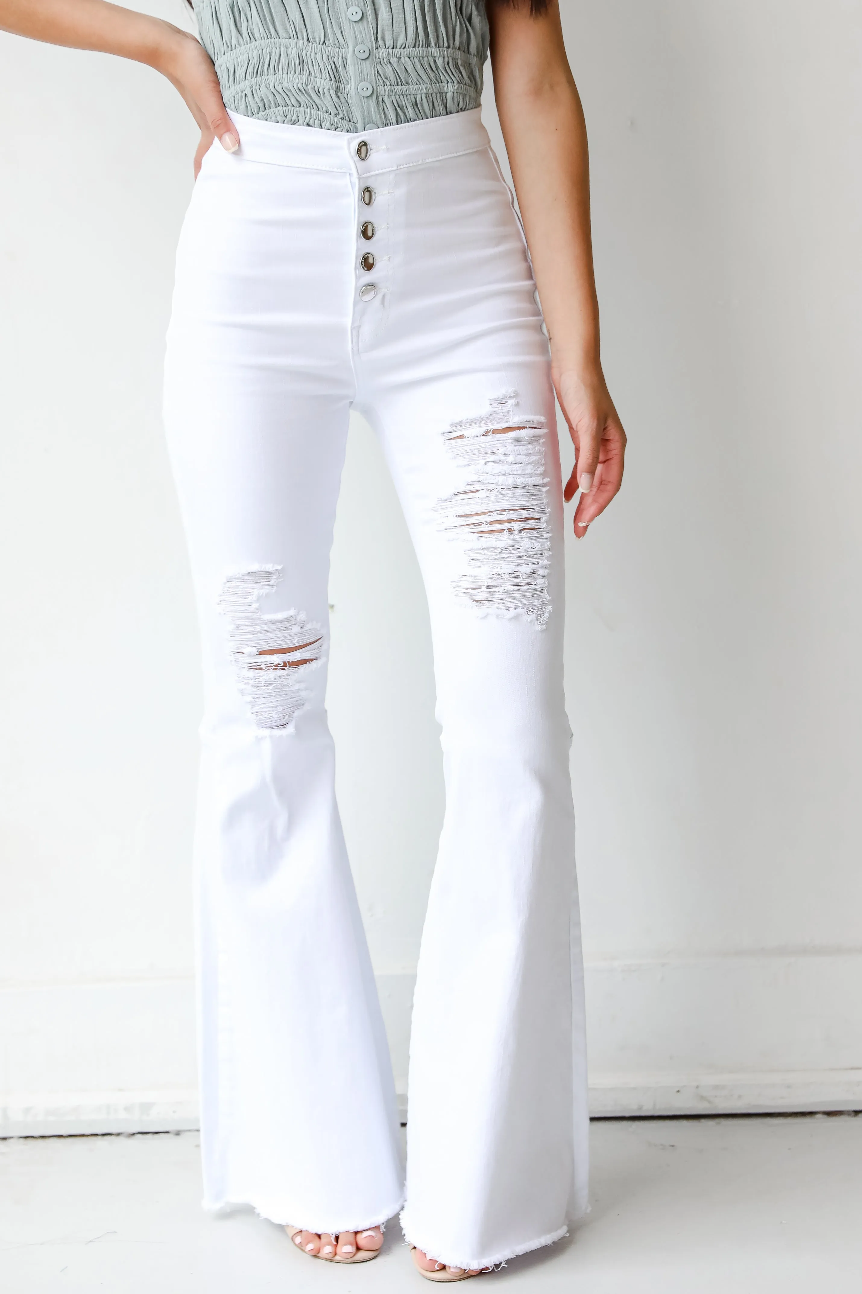 All That And More White Distressed Flare Jeans Breathable Travel Outfit Brunch Outfit
