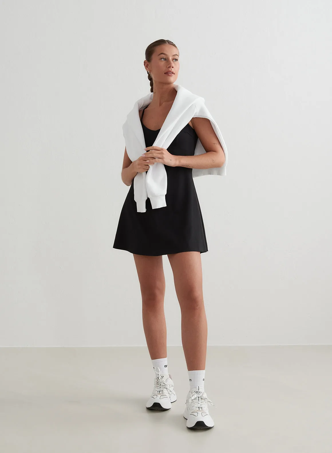 Black Sense Strap Dress high contrast Scalloped Edge