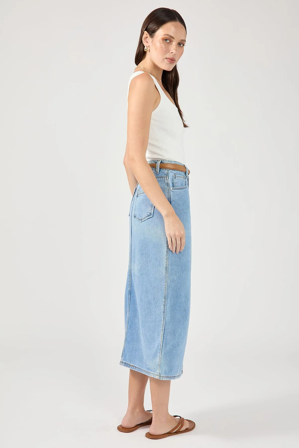 Perfect Stranger High Waist Split Denim Midi Skirt Blue Wearable Art