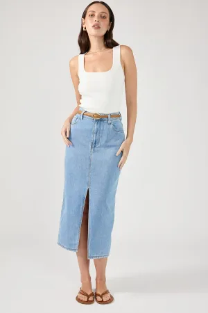 Perfect Stranger High Waist Split Denim Midi Skirt Blue Easy Style