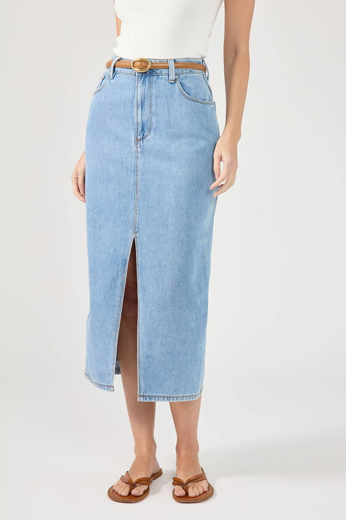 Perfect Stranger High Waist Split Denim Midi Skirt Blue Silk Touch Durable Hem