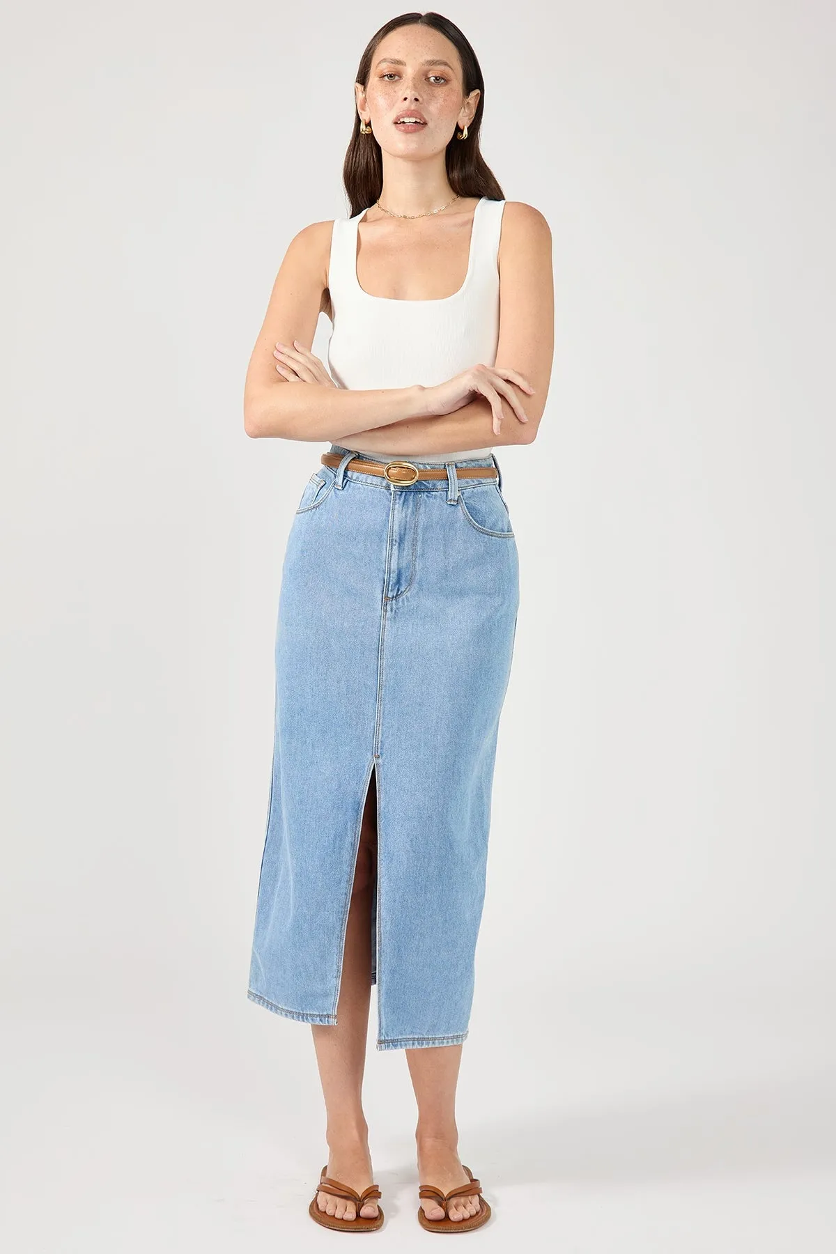 Recycled Polyester Perfect Stranger High Waist Split Denim Midi Skirt Blue