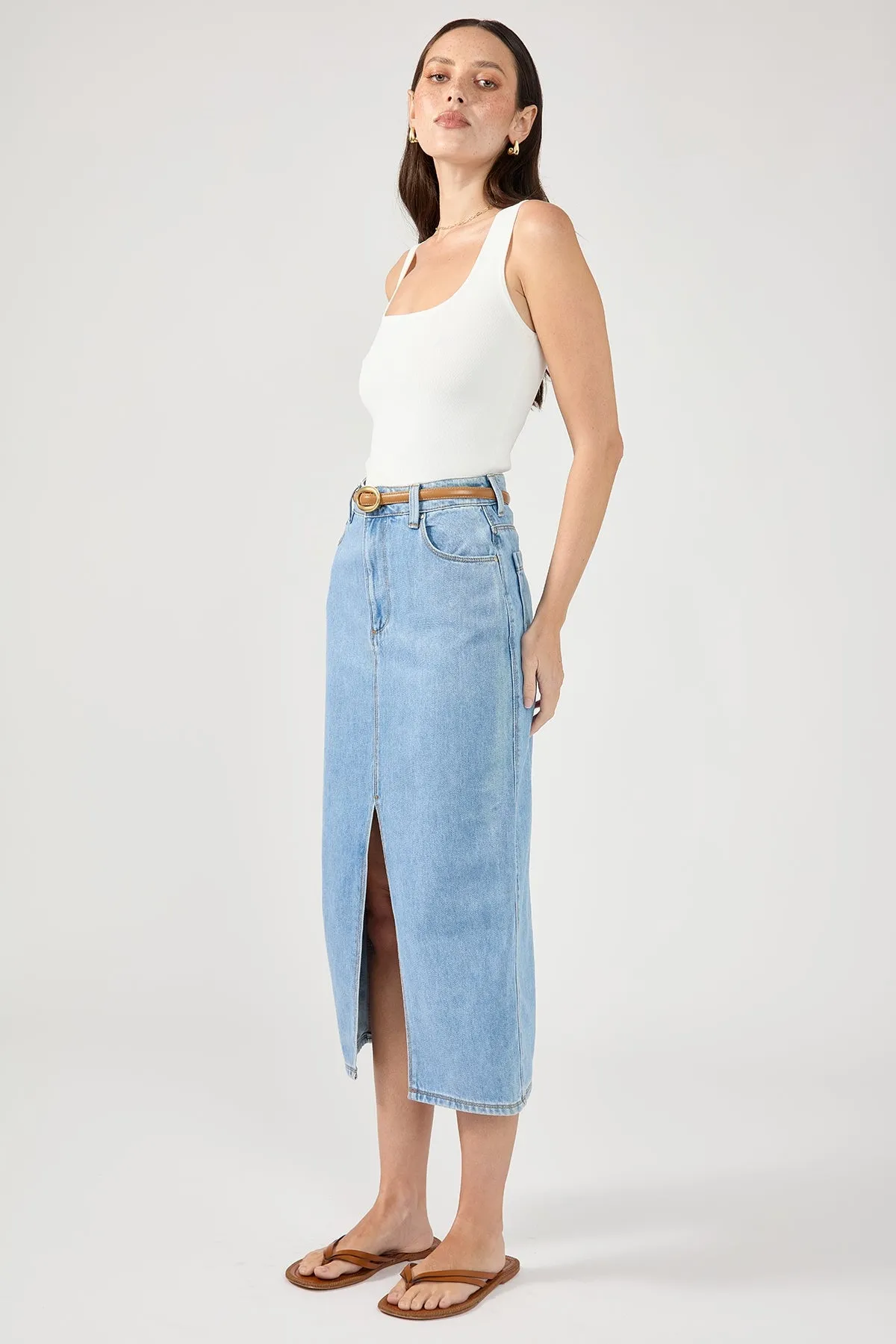 Perfect Stranger High Waist Split Denim Midi Skirt Blue Breezy Outfit