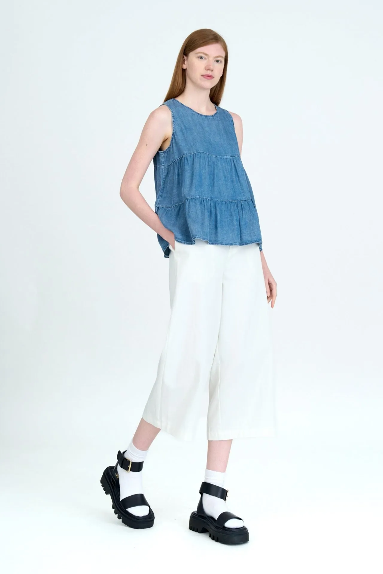 Nature Lover Gym Ready Music Event Denim Tiered Sleeveless Blouse [AT]