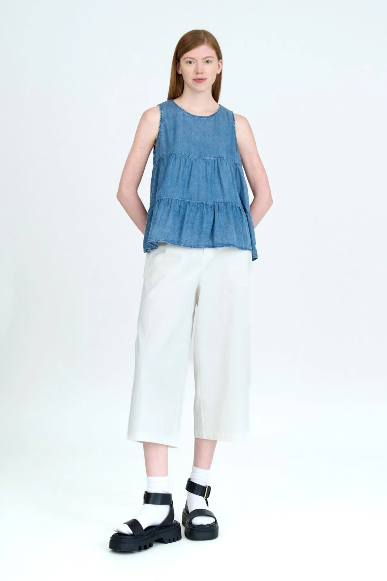 Street Style Bold Look Parent Style Denim Tiered Sleeveless Blouse [AT]