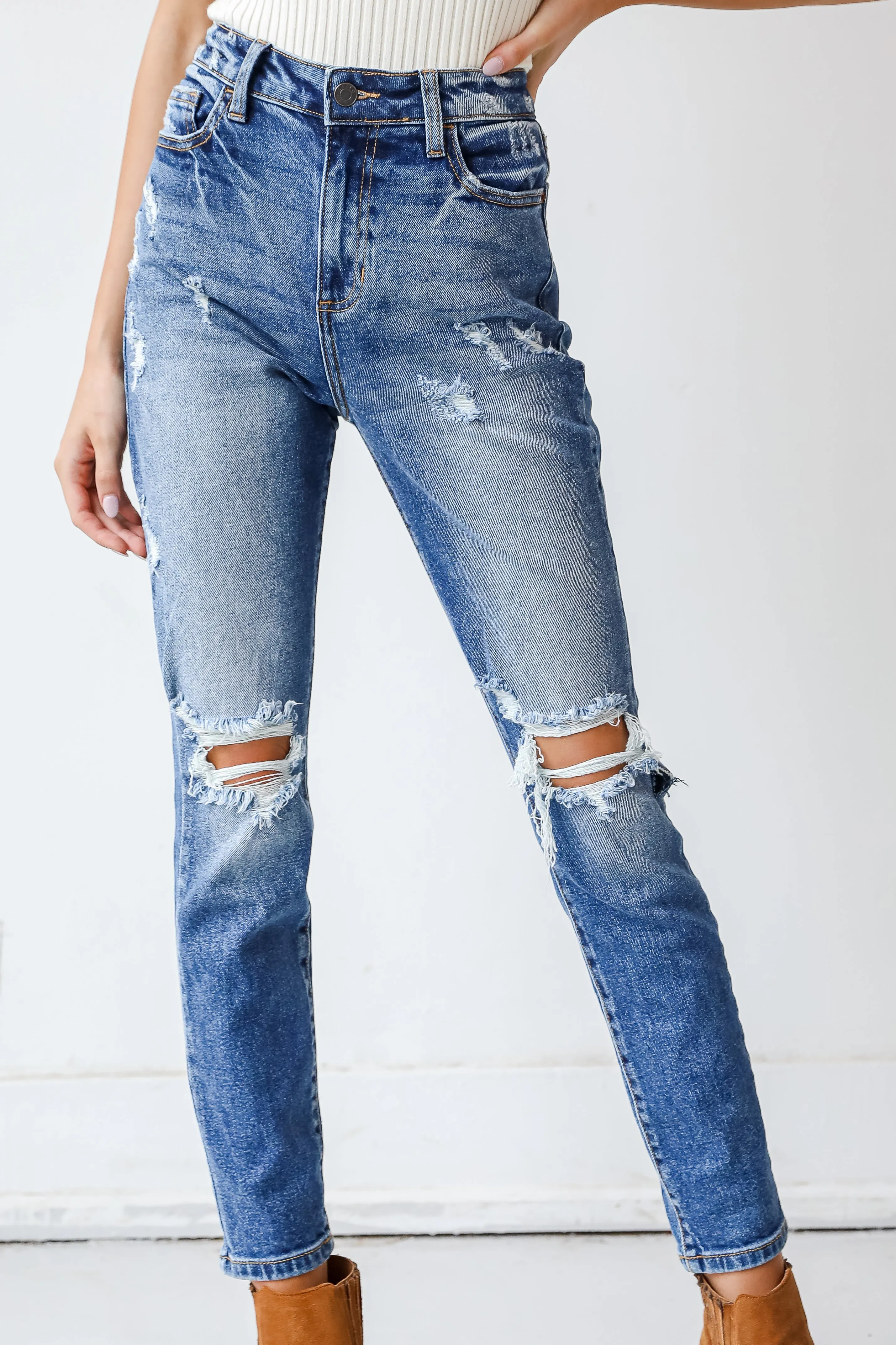 Caroline Distressed Mom Jeans Modern Attire