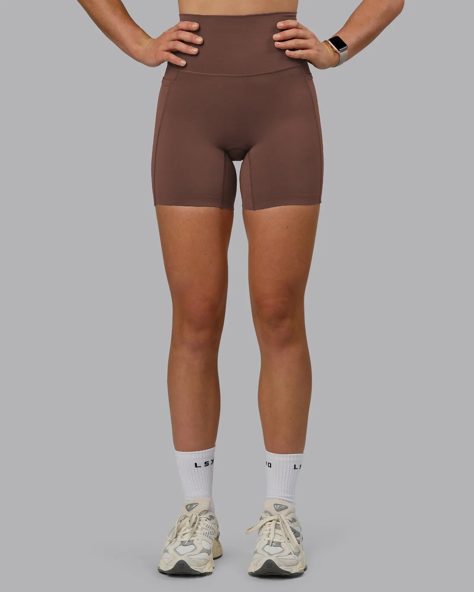 Elixir Ultra High-Rise 6" Short Pockets - Chocolate Martini Eco Conscious Packaging suit jacket