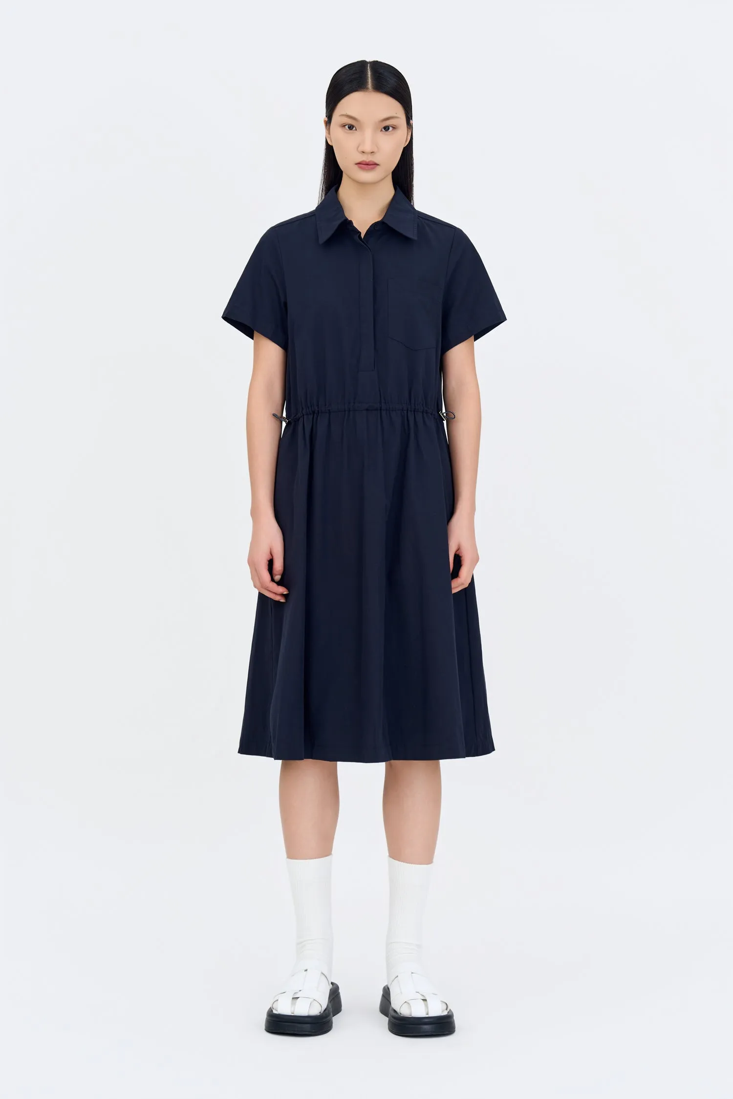 Drawcord Short Sleeve Dress - Navy Lockstitch Construction